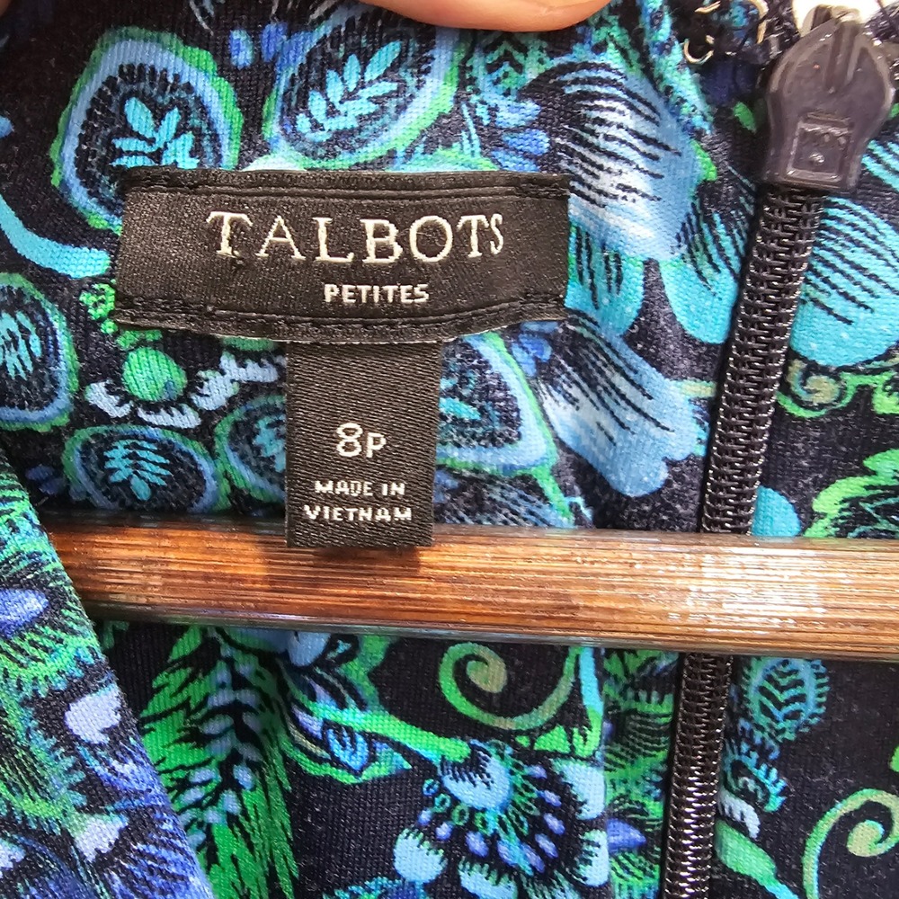 Talbots Petites Blue Green Floral Paisley Faux Wrap Dress 8P Sleeveless Jersey - Picture 2 of 4